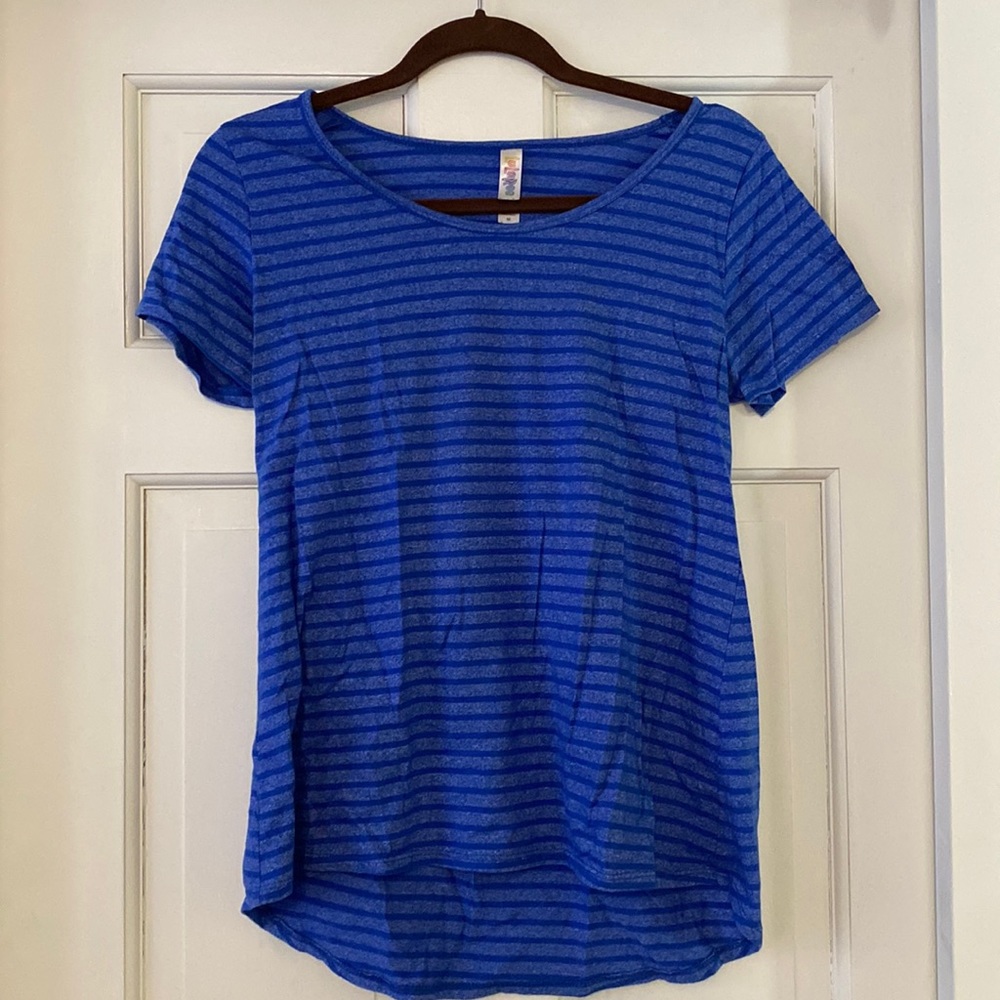 Lula Roe, royal blue/light blue striped high, low tee.